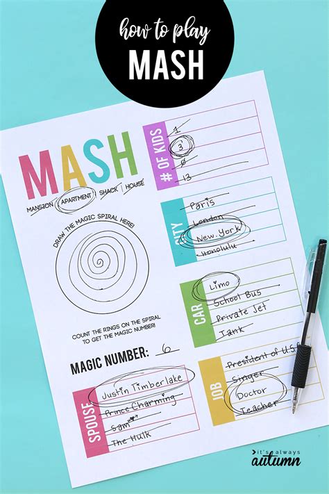 mash the game on paper|mash game template printable.